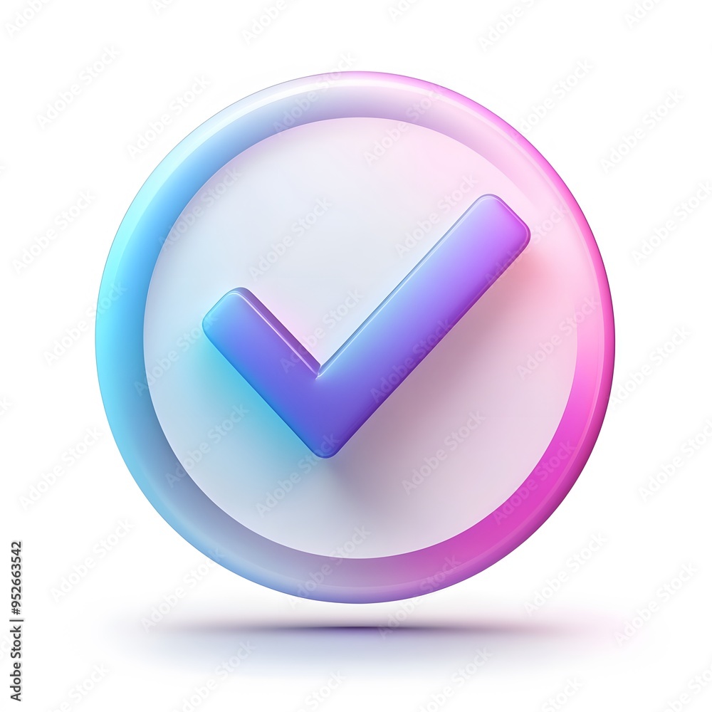 3d check icon, checklist tick, done mark. Vector realistic plastic style checkmark, symbol of selection, confirmation or approval. purple and blue circle with a white, white background
3d check icon, checklist tick, done mark. Vector realistic plastic style checkmark, symbol of selection, confirmation or approval. purple and blue circle with a white, white background