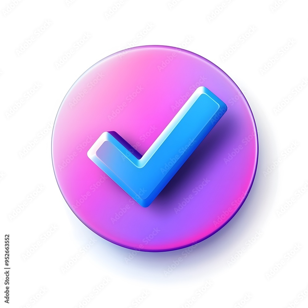 3d check icon, checklist tick, done mark. Vector realistic plastic style checkmark, symbol of selection, confirmation or approval. purple and blue circle with a white, white background
3d check icon, checklist tick, done mark. Vector realistic plastic style checkmark, symbol of selection, confirmation or approval. purple and blue circle with a white, white background