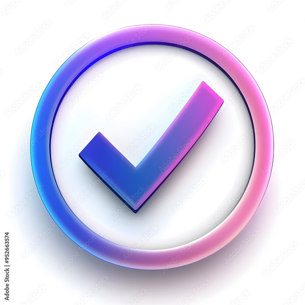 3d check icon, checklist tick, done mark. Vector realistic plastic style checkmark, symbol of selection, confirmation or approval. purple and blue circle with a white, white background
3d check icon, checklist tick, done mark. Vector realistic plastic style checkmark, symbol of selection, confirmation or approval. purple and blue circle with a white, white background