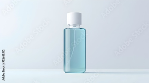 Close up Shot of Elegant Glass Bottle with Blue Facial Cleansing Gel on Simple White Background