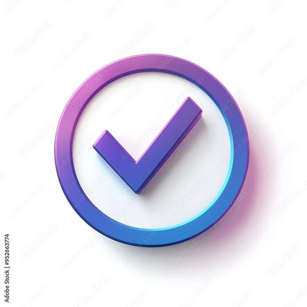 3d check icon, checklist tick, done mark. Vector realistic plastic style checkmark, symbol of selection, confirmation or approval. purple and blue circle with a white, white background
3d check icon, checklist tick, done mark. Vector realistic plastic style checkmark, symbol of selection, confirmation or approval. purple and blue circle with a white, white background