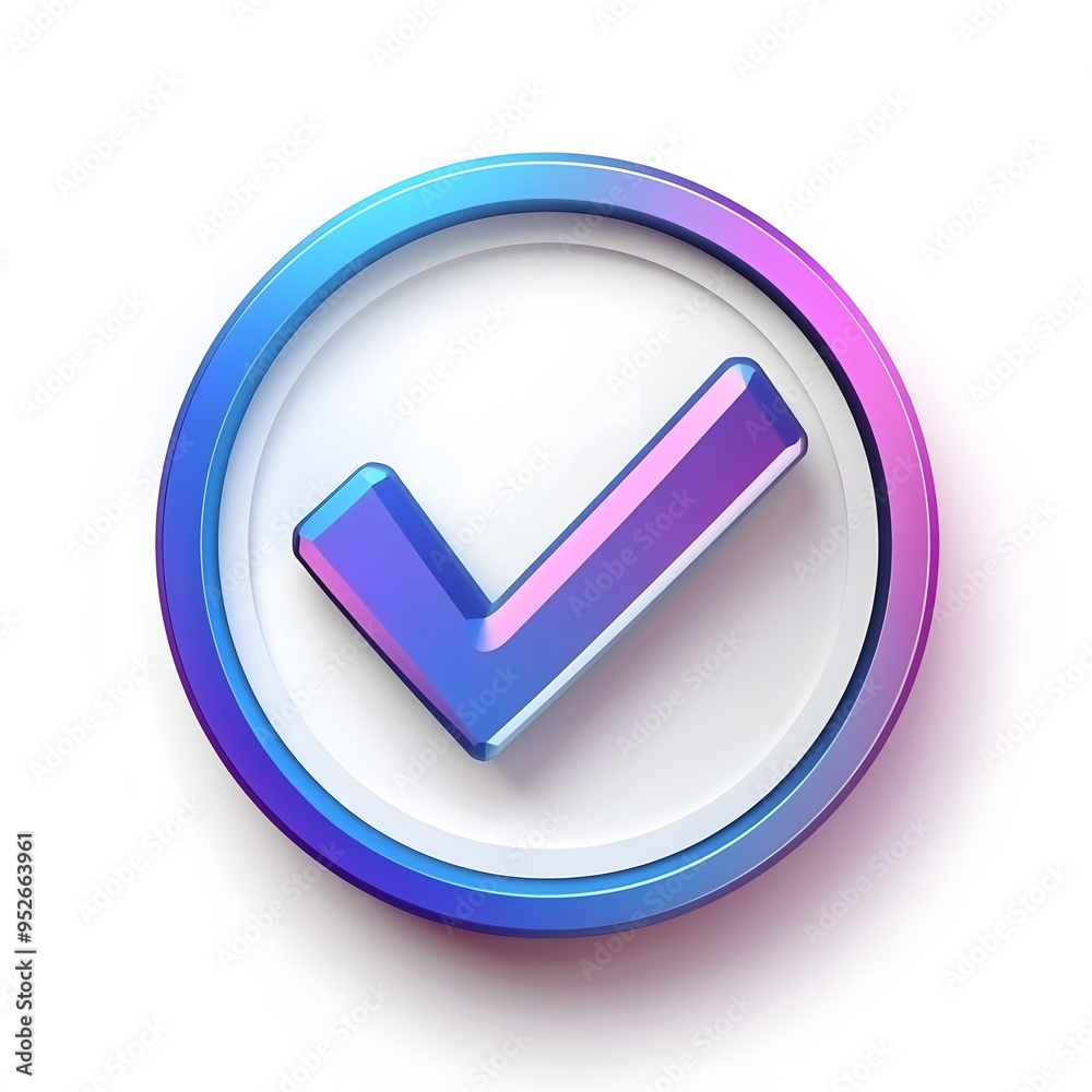 3d check icon, checklist tick, done mark. Vector realistic plastic style checkmark, symbol of selection, confirmation or approval. purple and blue circle with a white, white background
3d check icon, checklist tick, done mark. Vector realistic plastic style checkmark, symbol of selection, confirmation or approval. purple and blue circle with a white, white background