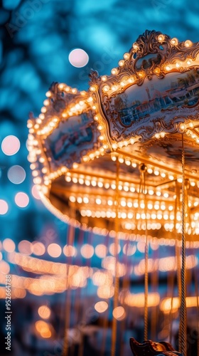 blurry background of amusement park carousel illuminated by bokeh lights and festive atmosphere