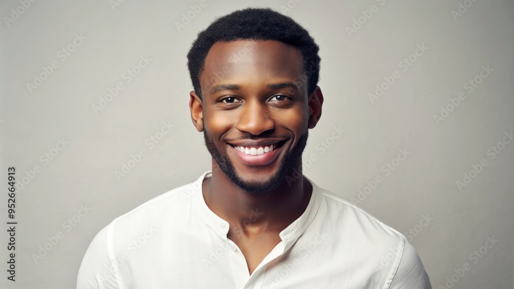 Confident young black man with short hair and stubble, wearing a casual white shirt, posing against a neutral background with a subtle smile. Confident young black man with short hair and stubble, wearing a casual white shirt, posing against a neutral background with a subtle smile.