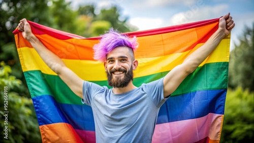 Confident young adult with rainbow-colored hair and beard proudly holding a progress flag, symbolizing LGBTQ+ pride and self-acceptance in a vibrant outdoor setting. photo