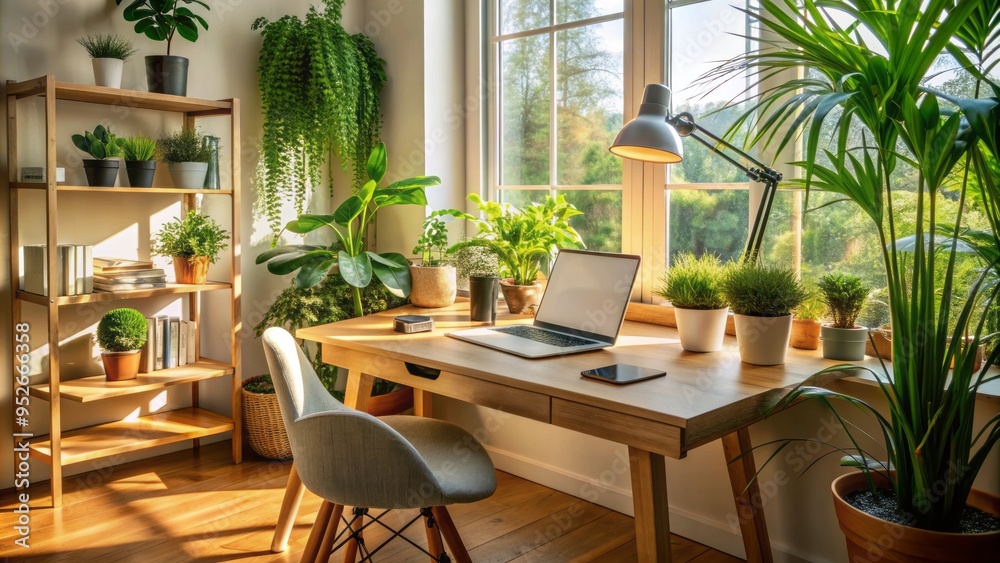 Cozy well-lit home office with wooden desk, Mac laptop, and papers, surrounded by plants and natural light, conveying a sense of warmth and productivity. Cozy well-lit home office with wooden desk, Mac laptop, and papers, surrounded by plants and natural light, conveying a sense of warmth and productivity.