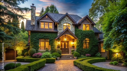 Cozy suburban home with warm exterior lighting, ivy-covered facade, and lush greenery, surrounded by tall trees on a quiet evening street.