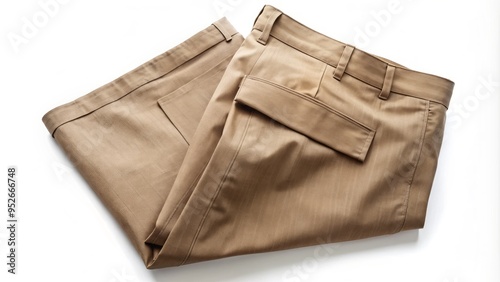 Crisp, neatly folded light brown trousers with creases and pockets, isolated on a pure white background, showcasing perfect folds and subtle texture details.