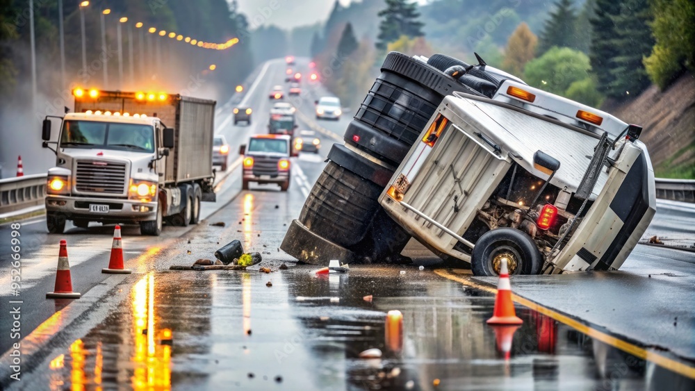 Damaged semi-truck lies on its side on a rainy highway, surrounded by ...