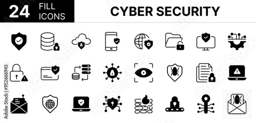 Collection of 24 cyber security fill icons featuring editable strokes. These outline icons depict various modes of cyber security, technology, secured, software, antivirus, 