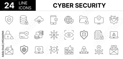 Collection of 24 cyber security line icons featuring editable strokes. These outline icons depict various modes of cyber security, technology, secured, software, antivirus, 
