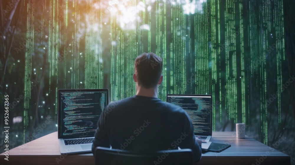 Developer writing HTML code with a green matrix-style background hacker-like aesthetic Developer writing HTML code with a green matrix-style background hacker-like aesthetic
