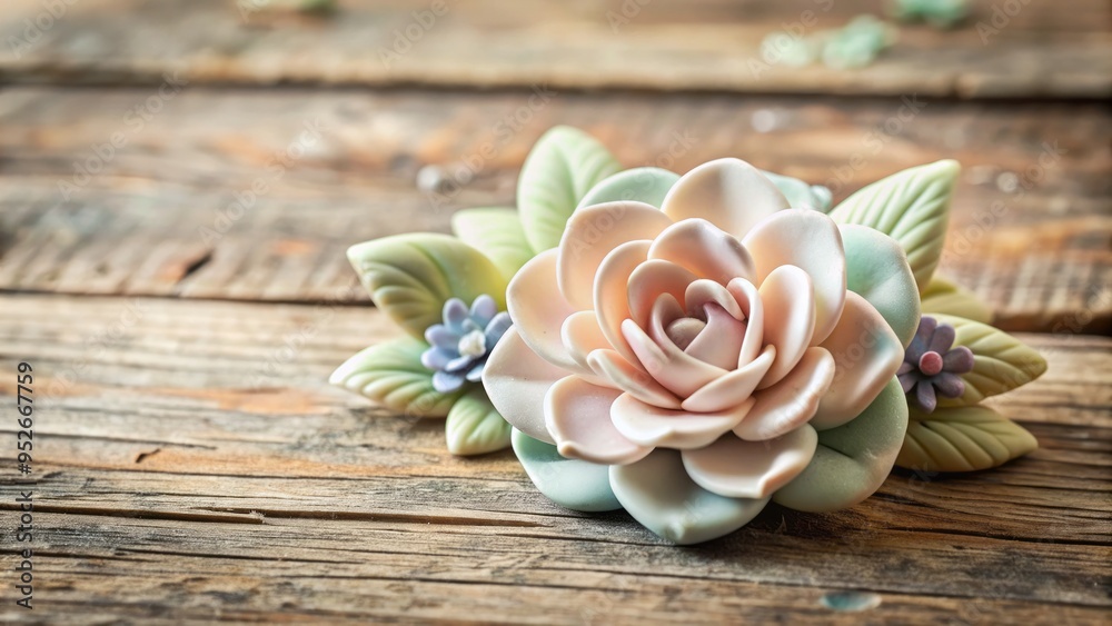 Delicate handmade clay flower in soft pastel hues with intricate textures and delicate petals sitting on a rustic wooden background, evoking a sense of whimsy. Delicate handmade clay flower in soft pastel hues with intricate textures and delicate petals sitting on a rustic wooden background, evoking a sense of whimsy.