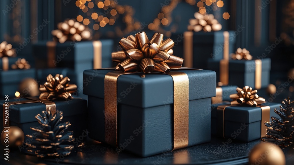 3D render of an abstract festive background for Black Friday featuring a stack of black gift boxes with golden ribbon bows and an empty pedestal for product presentation 3D render of an abstract festive background for Black Friday featuring a stack of black gift boxes with golden ribbon bows and an empty pedestal for product presentation