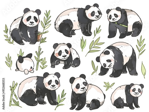 Set of various panda illustration on white. AI generated