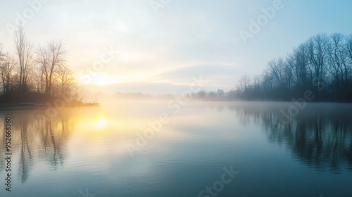 Drifting fog over a still lake at dawn foggy weather