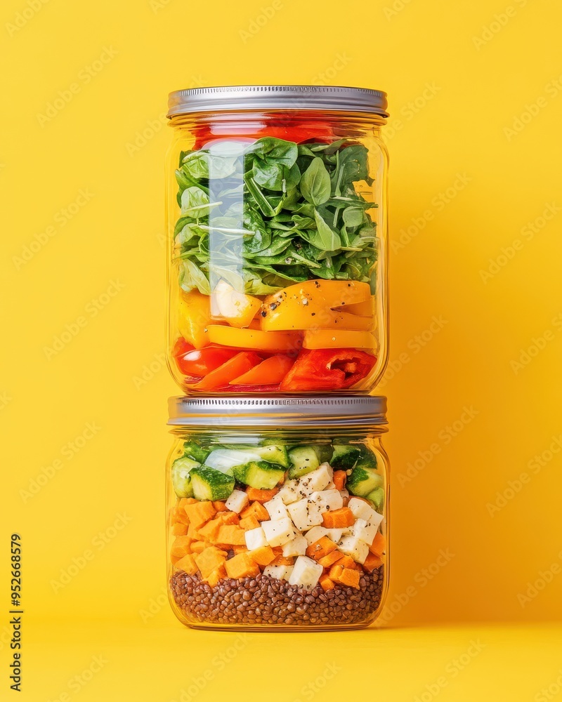 Colorful jars filled with fresh vegetables and grains, ideal for healthy meal prep and vibrant food styling. Colorful jars filled with fresh vegetables and grains, ideal for healthy meal prep and vibrant food styling.