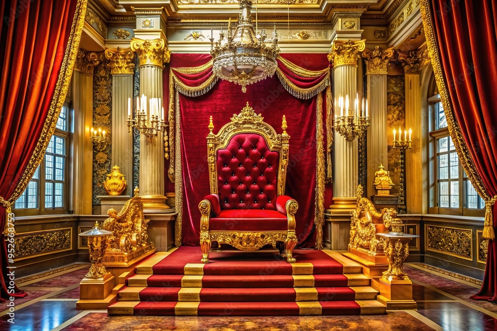 Fototapeta premium A majestic throne sits upon a grand dais, surrounded by regal accents and an atmosphere of power, exuding an aura of majesty and authority.