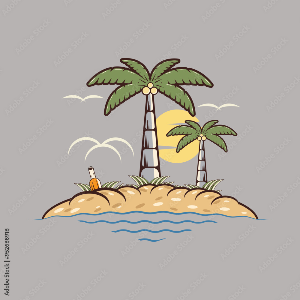 Fototapeta premium Illustration of coconut trees and beautiful islands at sunset.