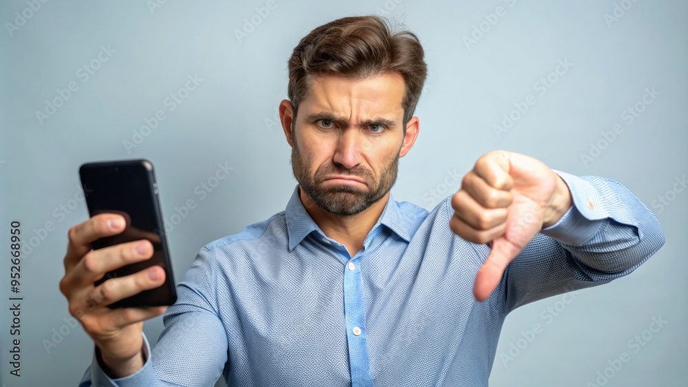 Disappointed individual giving a thumbs down gesture while holding a mobile phone, expressing frustration with the screen's content or poor reception. Disappointed individual giving a thumbs down gesture while holding a mobile phone, expressing frustration with the screen's content or poor reception.