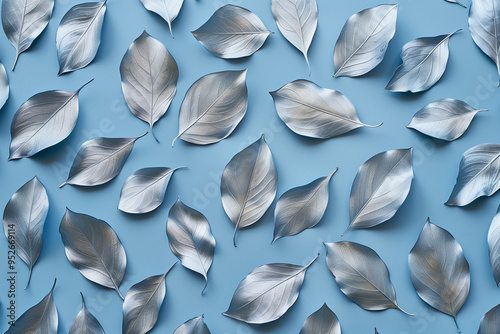 Pattern of dry monocolored metallic leaves on monocolored background photo