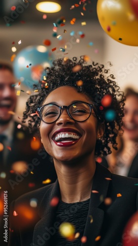 black businesswoman celebrating with colleagues at office party surrounded by vibrant colors and joy