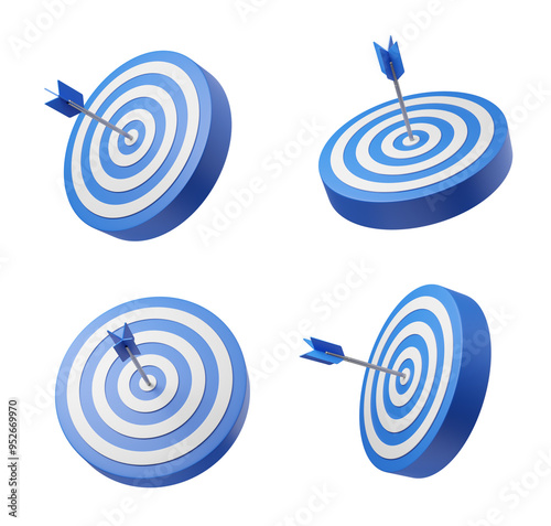 Four blue and white bullseye targets with arrows in the center, shown on a white background. The targets are depicted in a 3D rendering style, representing the concept of precision and accuracy