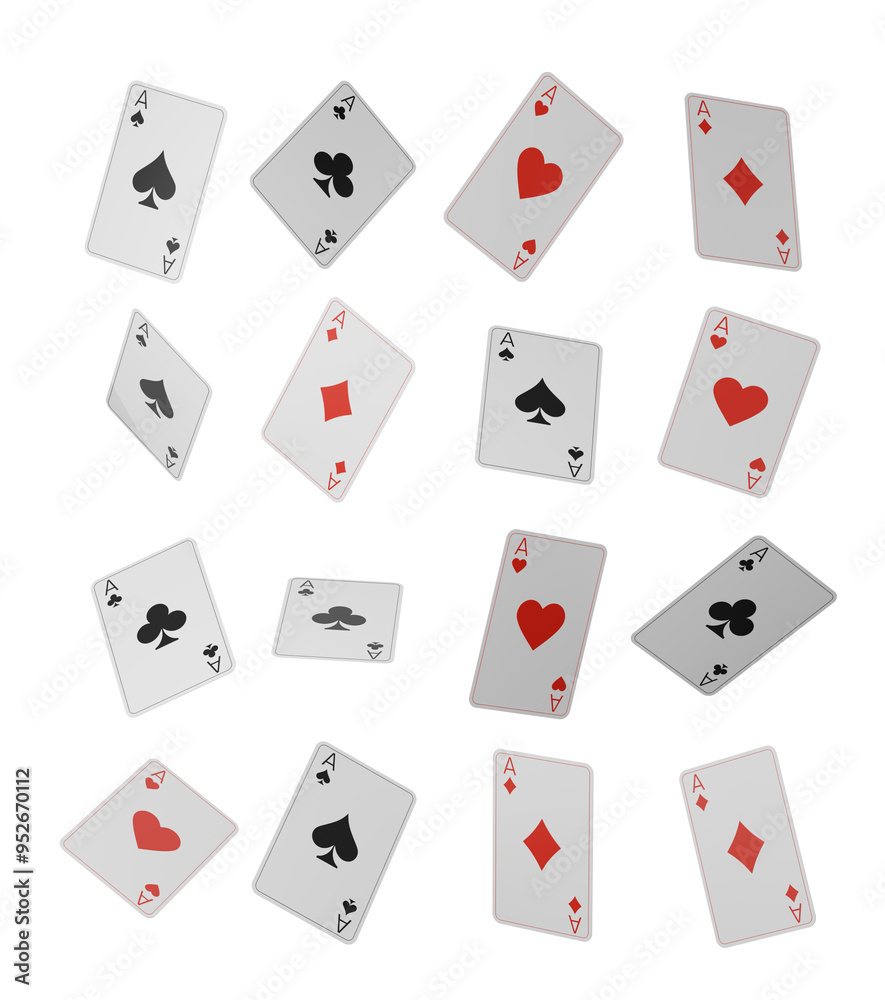 Assorted playing cards featuring aces of all suits floating against a white background. Concept of gambling, luck, and card games. 3D Rendering Assorted playing cards featuring aces of all suits floating against a white background. Concept of gambling, luck, and card games. 3D Rendering