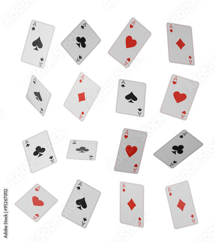 Assorted playing cards featuring aces of all suits floating against a white background. Concept of gambling, luck, and card games. 3D Rendering photo