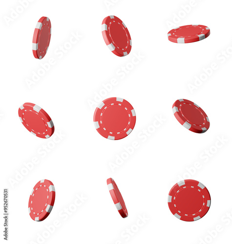 Foto Multiple red poker chips with white accents shown from different angles on a white background