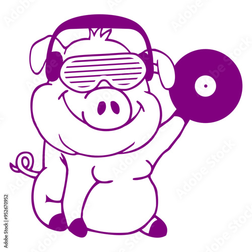Funny Pig Farm Animal with a Vinyl Record Plate Hand Headphone Sunglasses Music Listen Loud Bass Sound DJ Party Night Clubber Raver Disco Club Band Concert Techno Discothek Cool Love Humor Funny Fun