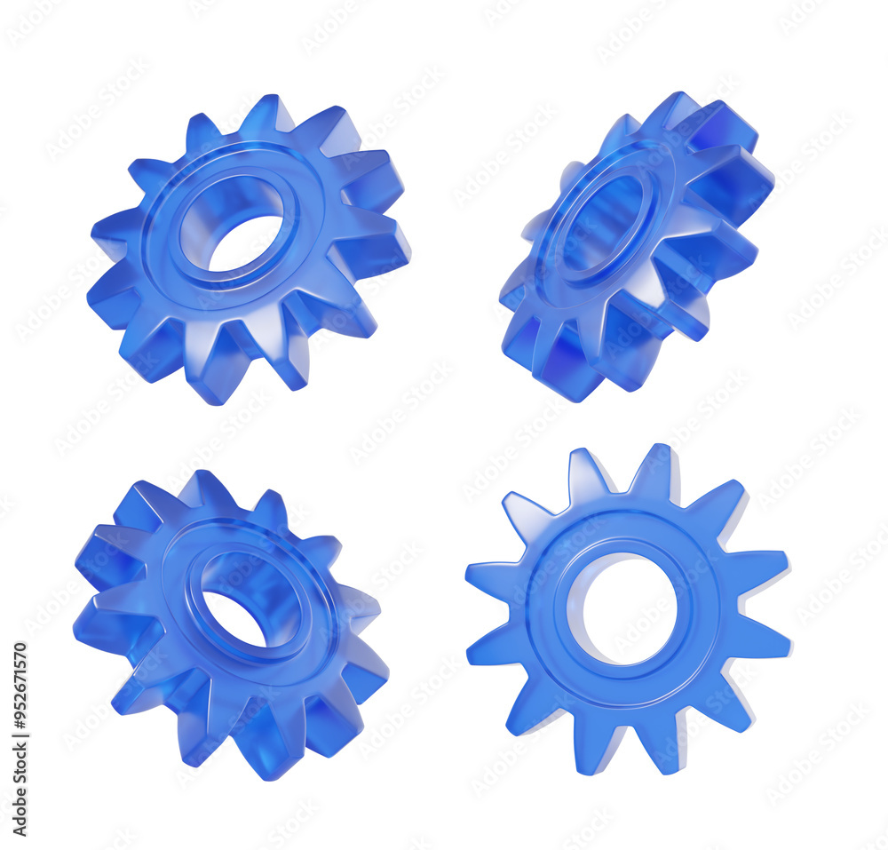 Four blue gears displayed in various angles on a white background. 3D Rendering. Concept of mechanics, engineering, and machinery Four blue gears displayed in various angles on a white background. 3D Rendering. Concept of mechanics, engineering, and machinery