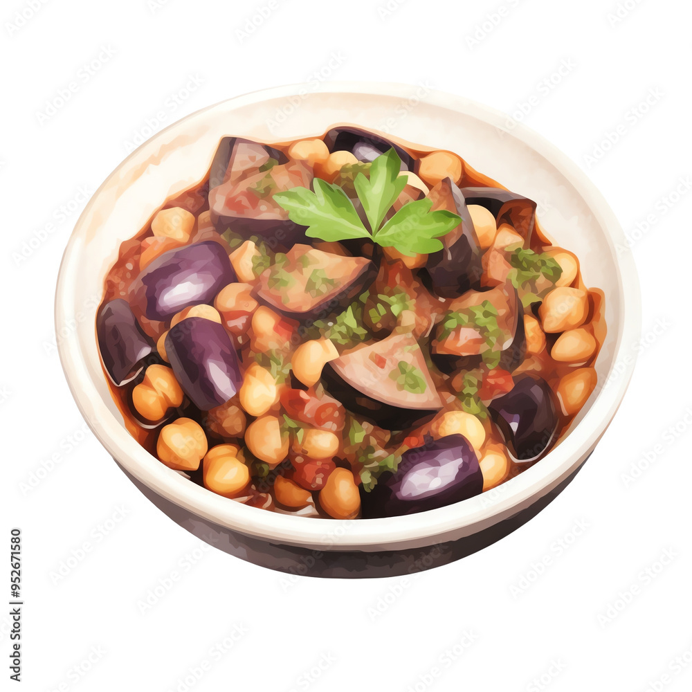 A delicious bowl of chickpea and eggplant stew garnished with fresh parsley. Perfect for a healthy, vegan meal. A delicious bowl of chickpea and eggplant stew garnished with fresh parsley. Perfect for a healthy, vegan meal.