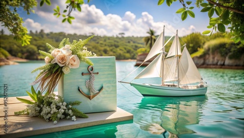 Elegant sailboat on calm turquoise water, adorned with a delicate anchor and rope, holds a beautiful white wedding invitation, surrounded by lush greenery.