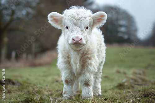 a baby cow standing in a field of grass