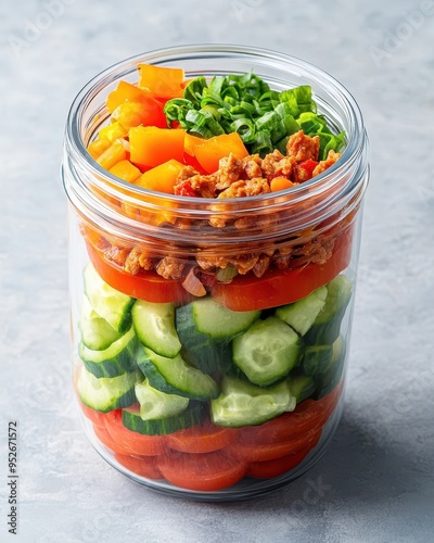 Vibrant layered salad in a jar featuring fresh vegetables, perfect for healthy meal prep and on-the-go lunches.