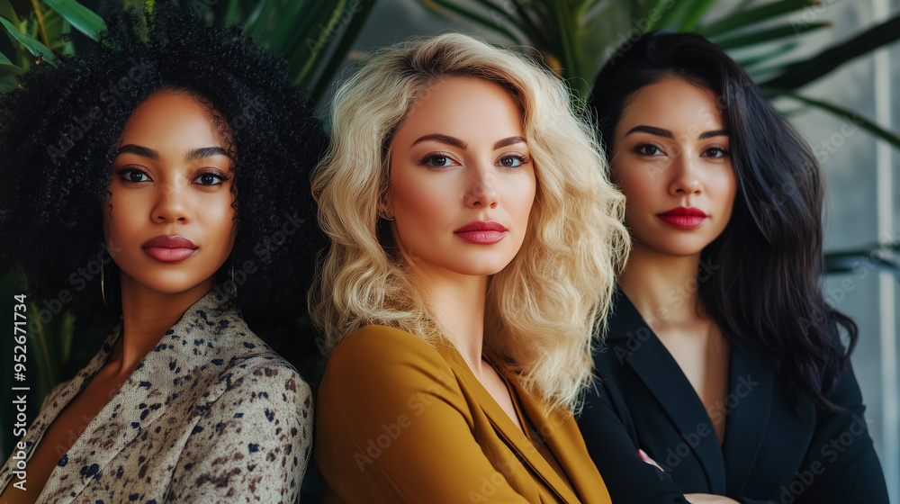 Obraz premium Diverse women in business attire posing together in the workplace