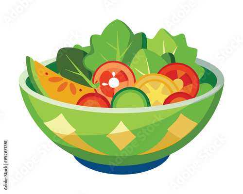 Fresh vegetable salad in ceramic decorative bowl vector illustration healthy food Vegetarian nutrition 
