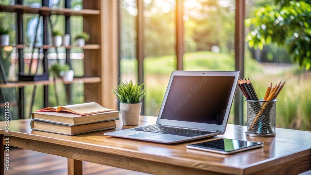 Fototapeta premium Elegant wooden desk with open laptop, notebooks, and stationery against a blurred background, evoking a sense of academic sophistication and studious intensity.
