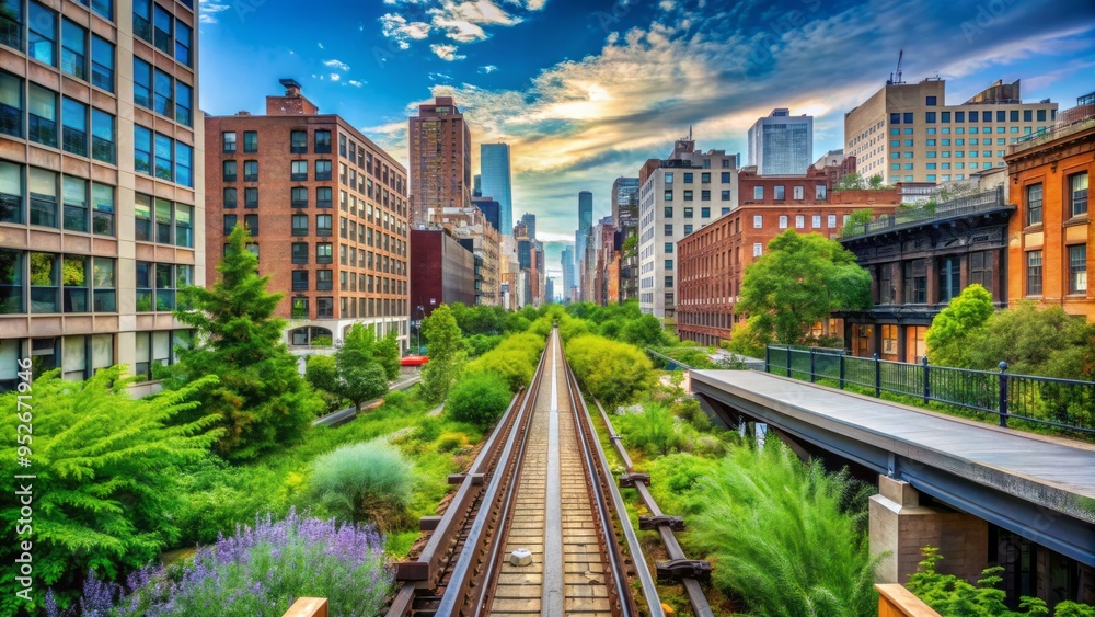 Fototapeta premium Elevated public park built on old rail tracks in Chelsea, featuring lush greenery, modern architecture, and stunning cityscape views of Manhattan's west side.