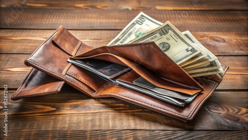 Empty pockets and a torn wallet lying on a table surrounded by unpaid bills and overdue notices, symbolizing financial struggles and unaffordability. photo