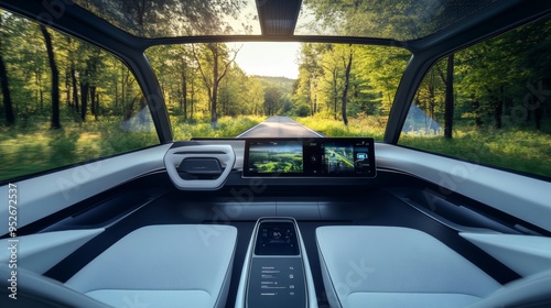 Experience the future of travel with showcasing an autonomous vehicle's sleek interior gliding through a tree-lined road, with no driver at the wheel