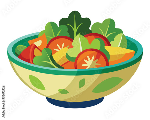 Fresh vegetable salad in ceramic decorative bowl vector illustration healthy food Vegetarian nutrition 
