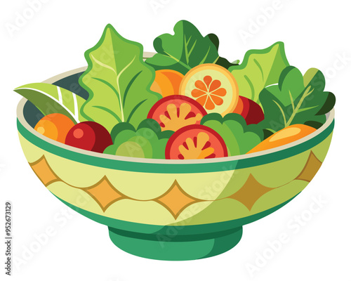 Fresh vegetable salad in ceramic decorative bowl vector illustration healthy food Vegetarian nutrition 