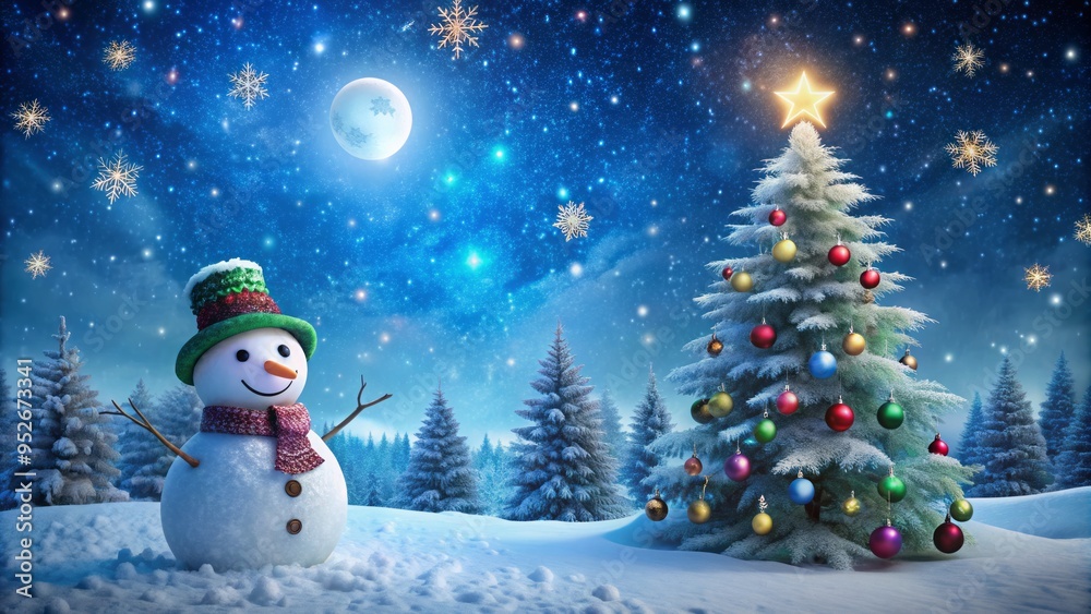 Festive winter scene with a cheerful snowman standing in front of a decorated pine tree, surrounded by snowflakes and a starry night sky background. Festive winter scene with a cheerful snowman standing in front of a decorated pine tree, surrounded by snowflakes and a starry night sky background.