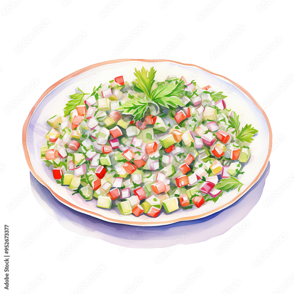 A fresh, colorful vegetable salad featuring diced cucumbers, tomatoes, radishes, and parsley on a white plate. A fresh, colorful vegetable salad featuring diced cucumbers, tomatoes, radishes, and parsley on a white plate.
