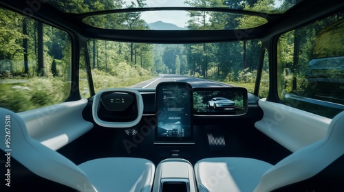 Experience the future of travel with showcasing an autonomous vehicle's sleek interior gliding through a tree-lined road, with no driver at the wheel