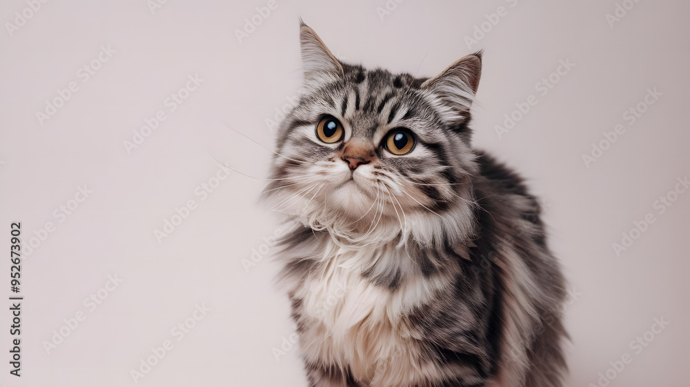 Front view of a Norwegian Forest cat sitting, looking at the camera, isolated on light brown Front view of a Norwegian Forest cat sitting, looking at the camera, isolated on light brown