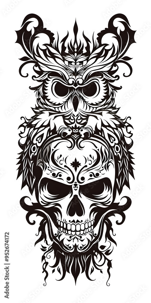 Obraz premium Tribal Skull and Owl tattoo flash styles illustration