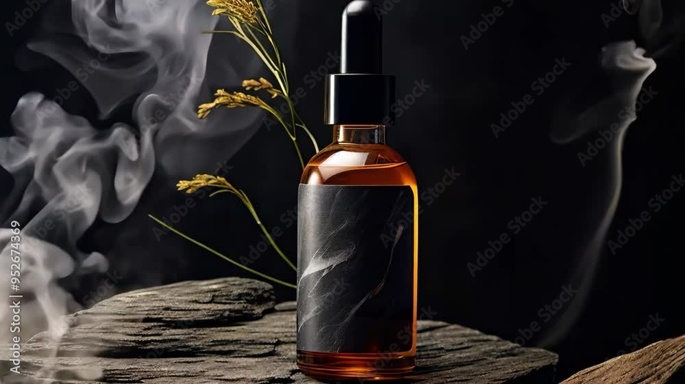 bottle of hair oil with black label stands on the table